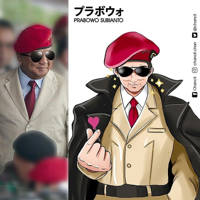 Prabowo Subianto saat diubah fotonya menjadi anime Jepang. Lengkap dengan topi baret dan jas hitam, ditambah gaya tangannya yang memperlihatkan simbol hati ala Korea. Gimana menurutmu?Foto: Instagram @chancil.chan