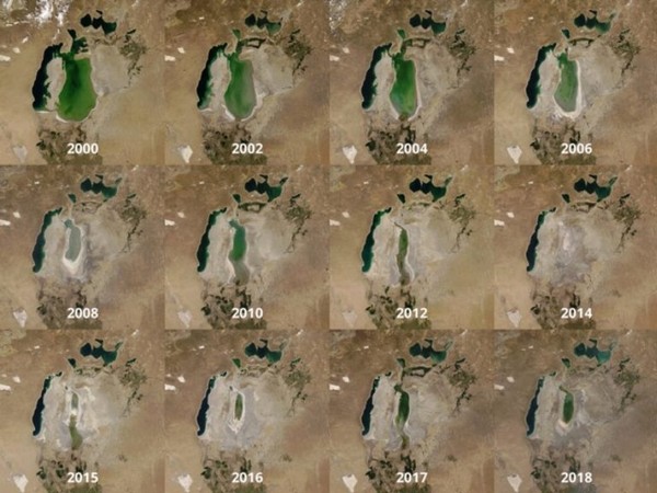 Saat itu, air Laut Aral pelan-pelan mengering. Tiap tahun terus menerus kering. Celakanya di Kota Moynaq mengeringnya sangatlah drastis. Bahkan kini, air di Laut Aral tinggal tersisa 10 persennya saja. Istimewa/Dok.Earth Observatory, NASA.