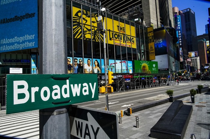 NEW YORK, NY - MAY 13 : A Broadway sign is seen near the Theater District in Manhattan as theaters remain shuttered due to COVID-19 pandemic on May 13, 2020 in New York City. Broadway Shows has gone dark due to coronavirus crisis, cancelling all shows since March, and will remain that way at least until September, the Broadway League announced on Tuesday.   Eduardo Munoz Alvarez/Getty Images/AFP