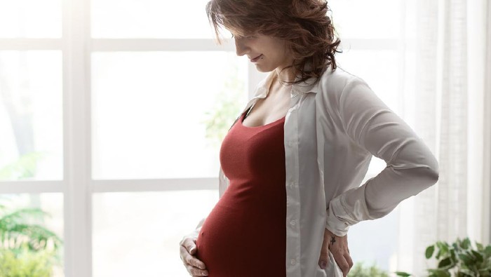 1125843355 Young happy pregnant mother posing next to a window at home and touching her belly