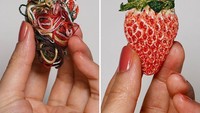 Stroberi yang cantik ini juga dibuat dari beberapa warna benang wol. Bentuknya bisa persis sekali ya dengan stroberi asli! Foto: Instagram @ipnot