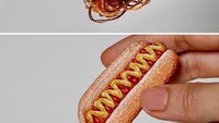 Berbekal benang wol warna cokelat, oranye, merah, dan kuning, Ipnot berhasil membuat bordiran dengan bentuk hotdog yang terlihat menggugah selera. Foto: Instagram @ipnot