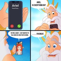 Isolasi diri membuat kita harus terpisah dengan orang-orang yang kita sayangi. Hal ini yang juga dirasakan oleh Ariel dan ayahnya, King Triton. Lihat saja, sang ayah terlihat sangat sedih karena hanya dapat bertemu melalui panggilan video. Foto: Instagram @aldoarts