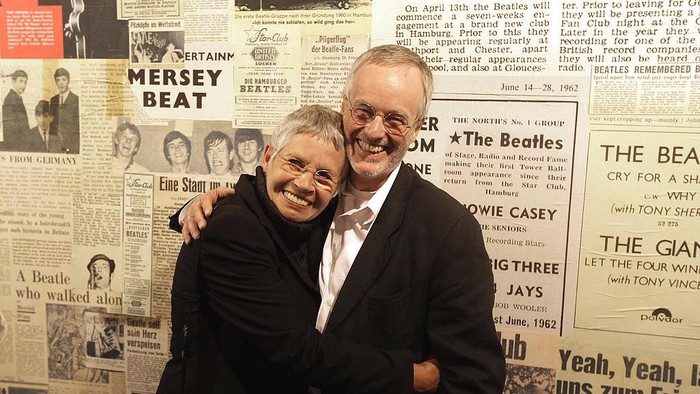 HAMBURG, GERMANY - MAY 28:  Beatles photographer Astrid Kirchherr (L) and Ulf Krueger (R) pose at the Beatlemania exhibition opening on May 28, 2009 in Hamburg, Germany. The exhibition, which opens tomorrow, shows the development of the Beatles from their beginnings in Hamburg until they split up.  (Photo by Krafft Angerer/Getty Images)