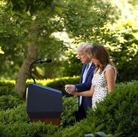 Seperti biasa, Melania Trump tampil dengan gayanya yang maksimal dan elegan. Perempuan 50 tahun itu menebar pesonanya dalam balutan sheath dress putih bercorak warna-warni karya Jason Wu. (Foto: AP/Alex Brandon)
