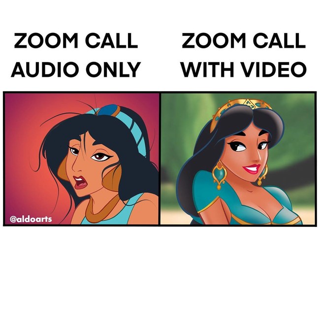 Perbedaan tampilan saat melakukan panggilan suara dan panggilan video. Ayo ngaku, siapa yang juga melakukan hal seperti puteri Jasmine ini? Foto: Instagram @aldoarts