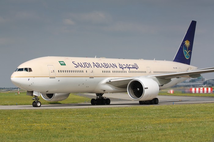 Prague, Czech Republic - July 20, 2010: B777 Saudia Arabia taxi to takes off PRG Airport