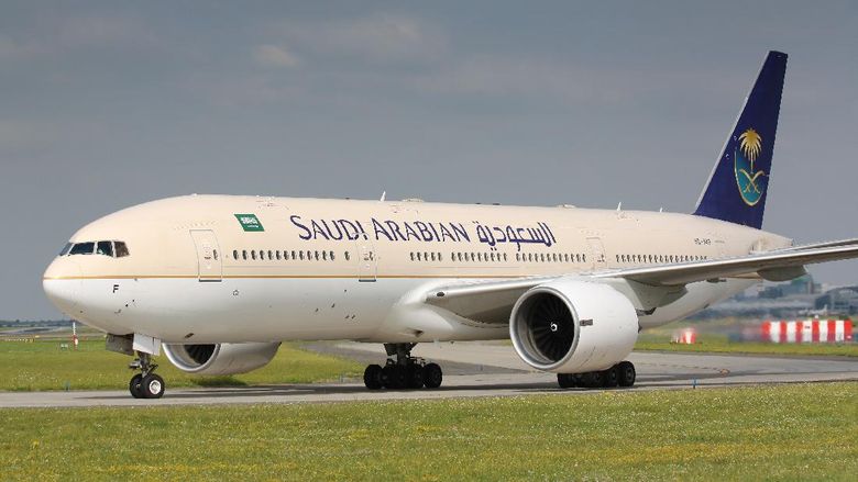 Prague, Czech Republic - July 20, 2010: B777 Saudia Arabia taxi to takes off PRG Airport