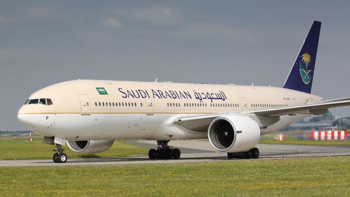 Prague, Czech Republic - July 20, 2010: B777 Saudia Arabia taxi to takes off PRG Airport