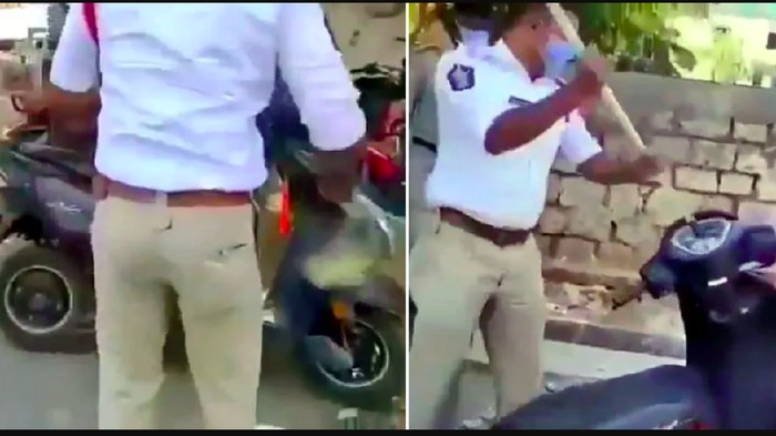 Polisi Pukuli Motor Pelanggar Lockdown