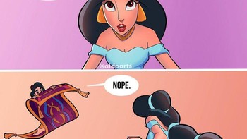 Aladin berusaha menjaga jarak. Jadi pas ketemu Jasmine cuma ngobrol dari karpet ajaib. Foto: @aldoarts via Bored Panda