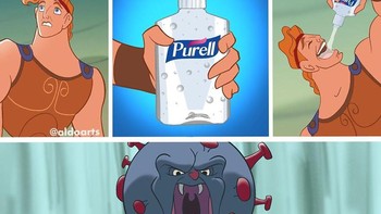 Hercules menenggak hand sanitizer sebelum menghadapi corona. Foto: @aldoarts via Bored Panda