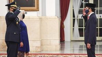 Presiden Joko Widodo (kanan) memberikan ucapan kepada Kepala Staf Angkatan Udara (KSAU) Marsekal TNI Fadjar Prasetyo.