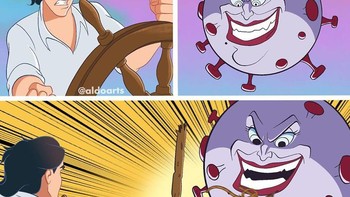 Pangeran Eric melawan Ursula yang berwujud Corona. Foto: @aldoarts via Bored Panda