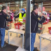 Ada tiga tahap yang harus dilakukan pengunjung sebelum mask ke supermarket di Austria. Pertama membersihkan tangan lalu pakai masker, baru boleh masuk. Foto: dok. Boredpanda