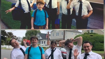 Foto ini dibuat untuk ulang tahun ibuku ke 60, saya dan saudara-saudara mengulang foto di mana hari pertama saya masuk taman kanak-kanak (Foto: Brightside)