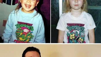 Pacarku memiliki foto yang sama saat anak-anak ketika menggunakan kaos bergambar Ninja Turtles. Dan kami pun mengulang foto tersebut (Foto: Brightside)