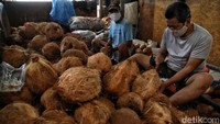 Pedagang mengupas kelapa untuk diolah menjadi santan.