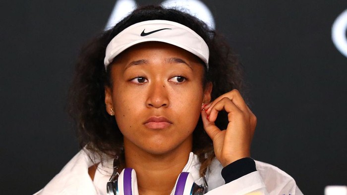 MELBOURNE, AUSTRALIA - JANUARY 24: Naomi Osaka of Japan speaks to media following her Womens Singles third round defeat to Coco Gauff of the United States of the 2020 Australian Open at Melbourne Park on January 24, 2020 in Melbourne, Australia. (Photo by Kelly Defina/Getty Images)