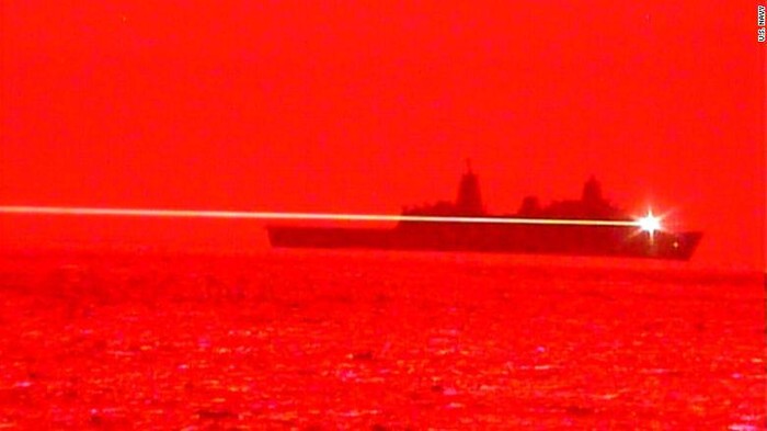 The amphibious transport dock ship USS Portland conducts a high-energy laser weapon test in the Pacifc Ocean on May 16, 2020.