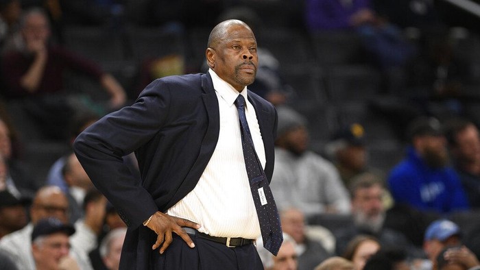 FILE - In this Wednesday, Feb. 5, 2020, file photo, Georgetown head coach Patrick Ewing looks on during the first half of an NCAA college basketball game against Seton Hall, in Washington. In a statement issued by Georgetown on Friday, May 22, 2020, Ewing has tested positive for COVID-19. (AP Photo/Nick Wass, File)