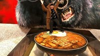 Dikejar kingkong hingga tercebur di dalam satu panci ramen dengan telur ayam, Sungjae pasang pose kocak. Foto: Instagram @yook_can_do_it