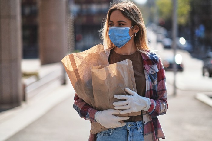 Wanita mengenakan masker corona Young women wearing protective face mask and protective gloves to prevent Corona virus and other diseases, going home afrer shopping groceries, Covid-19 outbreak