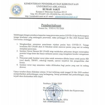 Surat Edaran (SE) RS Unair soal penuhnya ruang perawatan pasien COVID-19.