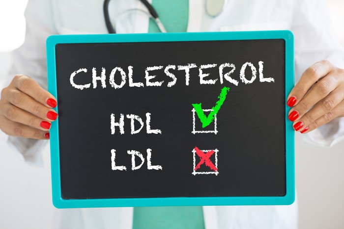 Kolesterol Good HDL and bad LDL cholesterol written on blackboard by unrecognizable doctor with stethoscope