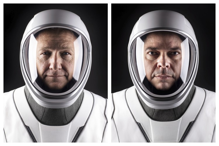 Home Launch Crew This combination of undated photos made available by SpaceX shows NASA astronauts Doug Hurley, left, and Bob Behnken in their spacesuits at SpaceX headquarters in Hawthorne, Calif. On Wednesday, May 27, 2020, They are scheduled to board a SpaceX Dragon capsule atop a SpaceX Falcon 9 rocket and, equipment and weather permitting, shoot into space. It will be the first astronaut launch from NASA’s Kennedy Space Center since the last shuttle flight in 2011. (SpaceX via AP)