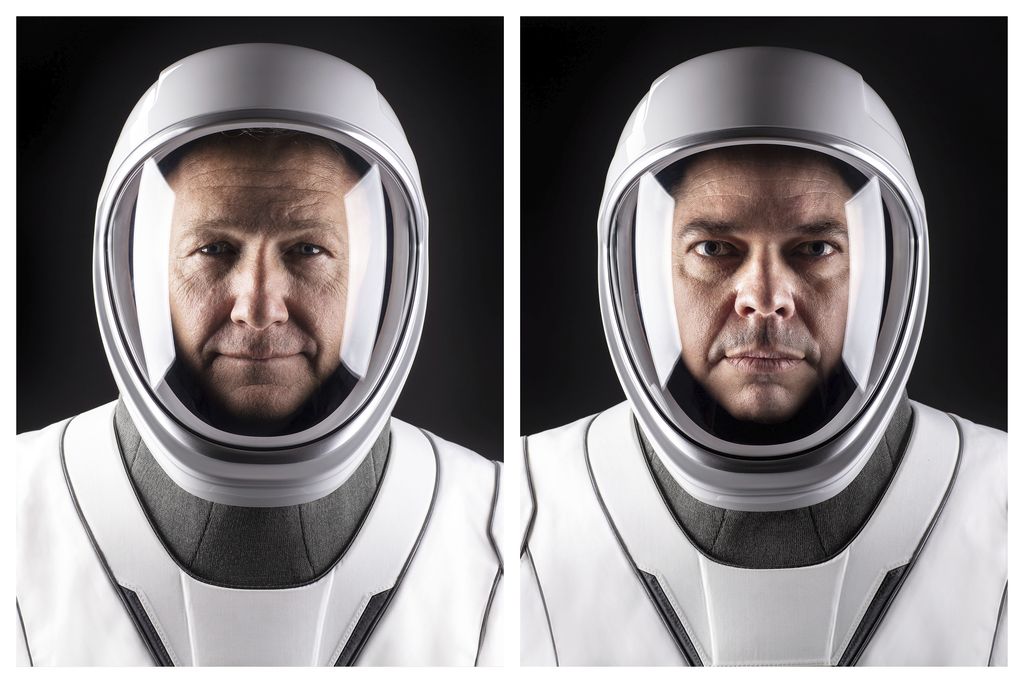 This combination of undated photos made available by SpaceX shows NASA astronauts Doug Hurley, left, and Bob Behnken in their spacesuits at SpaceX headquarters in Hawthorne, Calif. On Wednesday, May 27, 2020, They are scheduled to board a SpaceX Dragon capsule atop a SpaceX Falcon 9 rocket and, equipment and weather permitting, shoot into space. It will be the first astronaut launch from NASA's Kennedy Space Center since the last shuttle flight in 2011. (SpaceX via AP)