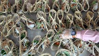 Seorang ibu pengurus Dewan Kemakmuran Masjid (DKM) mengemas makanan dengan keranjang yang terbuat dari anyaman bambu (bongsang) di Dapur Umum Masjid Baitur Ridwan, Cilendek Barat, Kota Bogor, Jawa Barat, Jumat (29/5/2020).