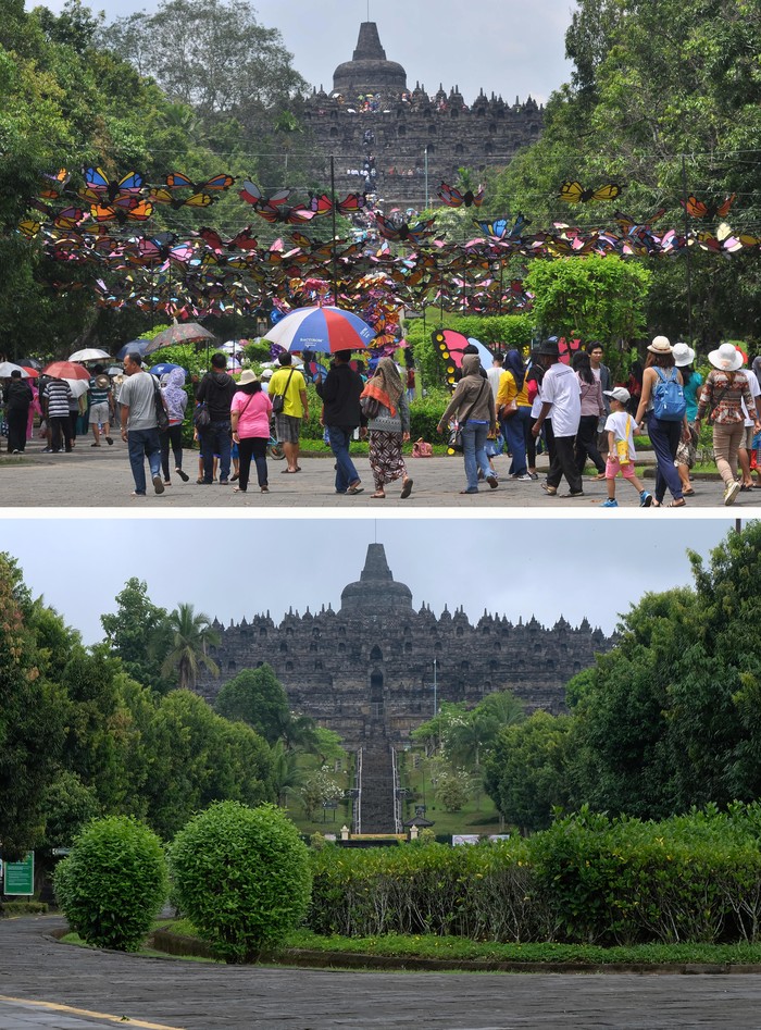 Foto kolase perbandingan suasana musim libur panjang sebelum adanya pandemi COVID-19 (atas) dan saat pandemi COVID-19 (bawah) di kawasan Borobudur, Magelang,  Jawa Tengah, Kamis (28/5/2020). Guna mencegah penyebaran pandemi COVID-19 pihak menejemen Taman Wisata Candi (TWC) Borobudur, Prambanan dan Ratu Boko masih menutup semua lokasi wisata untuk umum sampai waktu yang belum ditentukan. ANTARA FOTO/Anis Efizudin/aww.