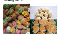 Pak Antono mengunggah foto Top 3 kue Lebaran yang paling lama habis di rumahnya. Ada kue kacang, kue gula warna-warni dan kue semprit. Netizen kemudian ramai membalas kue-kue lebaran yang juga masih awet di rumahnya. Foto: twitter/istimewa