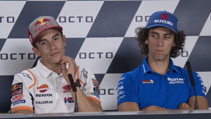 MISANO ADRIATICO, ITALY - SEPTEMBER 12: Alex Rins of Spain and Team Suzuki ECSTAR (R) and Marc Marquez of Spain and Repsol Honda Team look on during the pre-event press conference ahead of the MotoGp of San Marino at Misano World Circuit on September 12, 2019 in Misano Adriatico, Italy. (Photo by Mirco Lazzari gp/Getty Images)