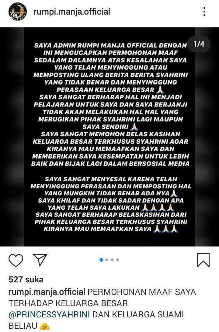 Akun gosip yang dilaporkan Syahrini minta maaf.