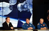 Vice President Mike Pence, his wife Karen, right, NASA administrator, Jim Bridenstine, center and CEO of SpaceX, Elon Musk, talk to the media after NASA astronauts Douglas Hurley and Robert Behnken left the Neil A. Armstrong Operations and Checkout Building on their way to Pad 39-A, at the Kennedy Space Center in Cape Canaveral, Fla., Wednesday, May 27, 2020. The two astronauts will fly on a SpaceX test flight to the International Space Station. For the first time in nearly a decade, astronauts will blast into orbit aboard an American rocket from American soil, a first for a private company. (AP Photo/John Raoux)