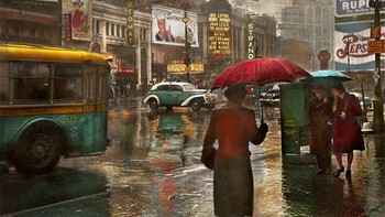 Times Square saat hujan di tahun 1943. (Istimewa/dok. Bored Panda/Mike Savad)