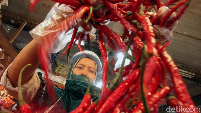 Seorang penjual cabai di pasar Senen, Jakarta mengenakan alat pelindung wajah, Selasa (2/6/2020). Hal ini untuk mencegah penyebaran virus Corona.