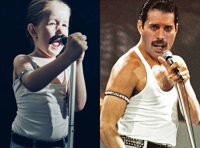 Agar terkesan ala Freddie Mercury dalam album Live Aid, Stephanie Girard menambahkan kumis tempelan pada Lola. Dan anak kecil itu pun bergaya seolah-olah sedang menyanyi sambil memegang stand mic. Foto: Instagram
