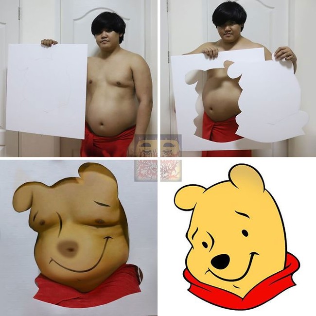 Setelah sebelumnya memanfaatkan dagu untuk bercosplay, kali ini LonelyMan memanfaatkan perutnya untuk jadi seperti Pooh. Yang dibutuhkan hanyalah bawahan berwarna merah dan sedikit goresan tinta hitam untuk mempertegas bentuk wajah Pooh di perutnya, serta kertas putih yang sudah dibentuk menyerupai bentuk wajah Pooh. Foto: Instagram @lowcost_cosplay