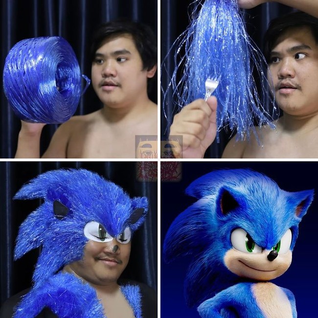 Cosplay menjadi Sonic, LonelyMan hanya menggunakan tali rafia berwarna biru. Keren banget ya, tali rafia saja bisa diubahnya menjadi sebuah kostum untuk cosplay. Tidak lupa dirinya menambahkan sedikit riasan untuk bagian mata agar benar-benar serupa dengan Sonic. Foto: Instagram @lowcost_cosplay