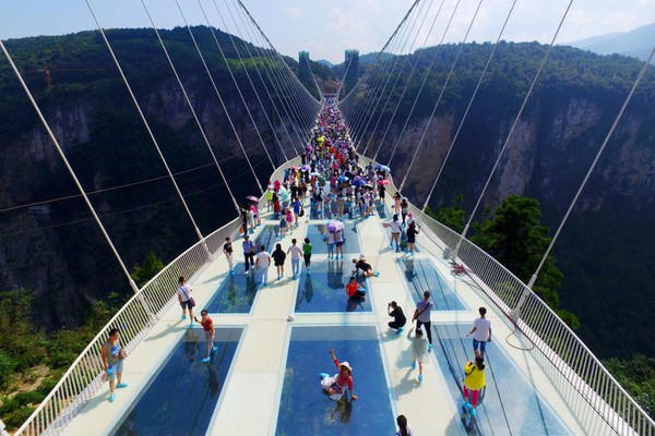 Di jembatan kaca ini banyak petugas yang akan membantu menuntun para pengunjung yang tidak sanggup melanjutkan perjalanan. Istimewa/dok. thetravelbrief.com Di jembatan kaca ini banyak petugas yang akan membantu menuntun para pengunjung yang tidak sanggup melanjutkan perjalanan. Istimewa/dok. thetravelbrief.com