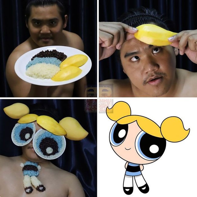Jika ingin cosplay jadi seperti Powerpuff Girls tetapi punya budget sedikit, maka cara ini bisa kamu tiru. Hanya dengan beberapa potong buah mangga dan ketan yang berwarna putih, biru, hitam, pria ini berhasil megubah tampilannya menjadi Powerpuff Girls. Foto: Instagram @lowcost_cosplay