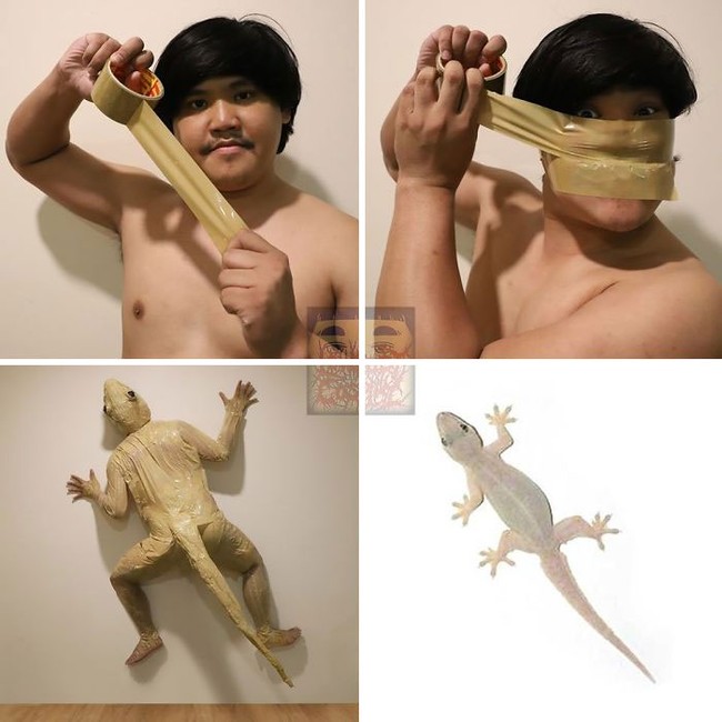 Cosplaynya yang satu ini bisa terbilang cukup ekstrim sih. Untuk menjadi seperti cicak, LonelyMan menggunakan lakban berwarna coklat yang ditempelkan ke seluruh bagian badannya. Berani coba yang seperti ini nggak? Foto: Instagram @lowcost_cosplay