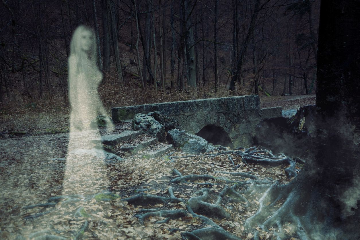 3D Illustration of the ghost of a woman in an ancient forest.
