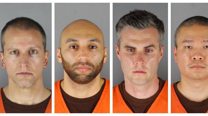 This combination of photos provided by the Hennepin County Sheriffs Office in Minnesota on Wednesday, June 3, 2020, shows Derek Chauvin, from left, J. Alexander Kueng, Thomas Lane and Tou Thao. Chauvin is charged with second-degree murder of George Floyd, a black man who died after being restrained by him and the other Minneapolis police officers on May 25. Kueng, Lane and Thao have been charged with aiding and abetting Chauvin. (Hennepin County Sheriffs Office via AP)