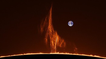 Gambar Bumi ditambahkan pada foto ini untuk menunjukkan kontras dan perbandingan Matahari dengan planet kita. Foto: Paul Andrew via Daily Mail