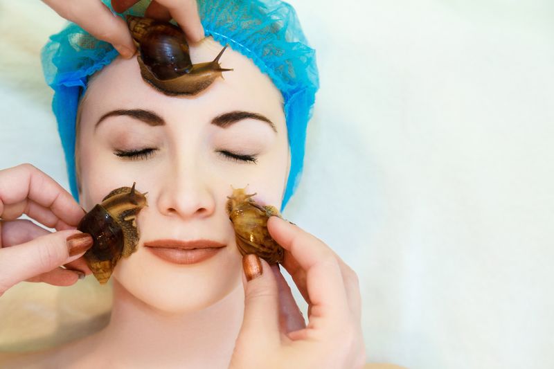 Lifting and facial massage of a young woman rejuvenates the skin in an unconventional way of the Achatina snail. Achatina snails massage the face and rejuvenate the skin. There is a copyspace for the text.