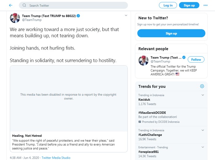 Screenshot postingan video kampanye Trump yang diblokir oleh Twitter